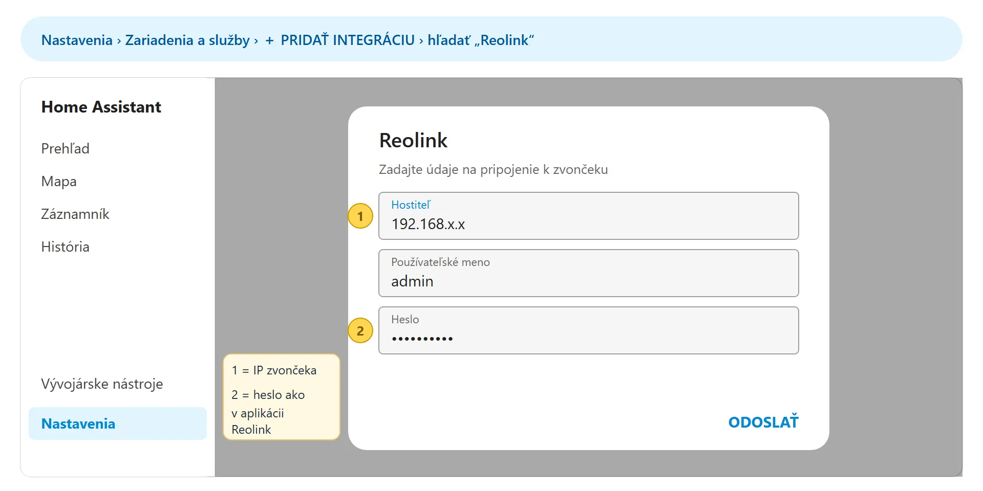Home Assistant – pridanie integrácie Reolink