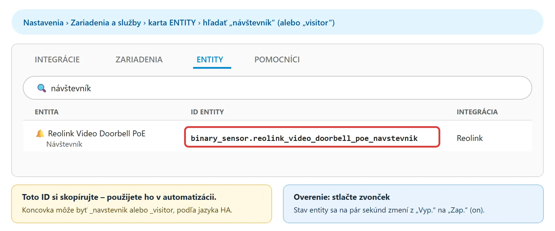 Home Assistant – entita Návštevník