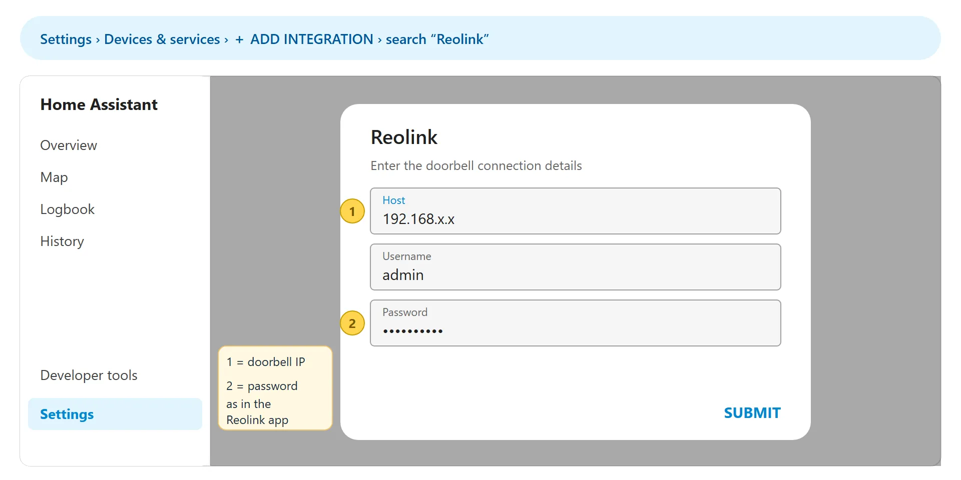 Home Assistant – adding the Reolink integration
