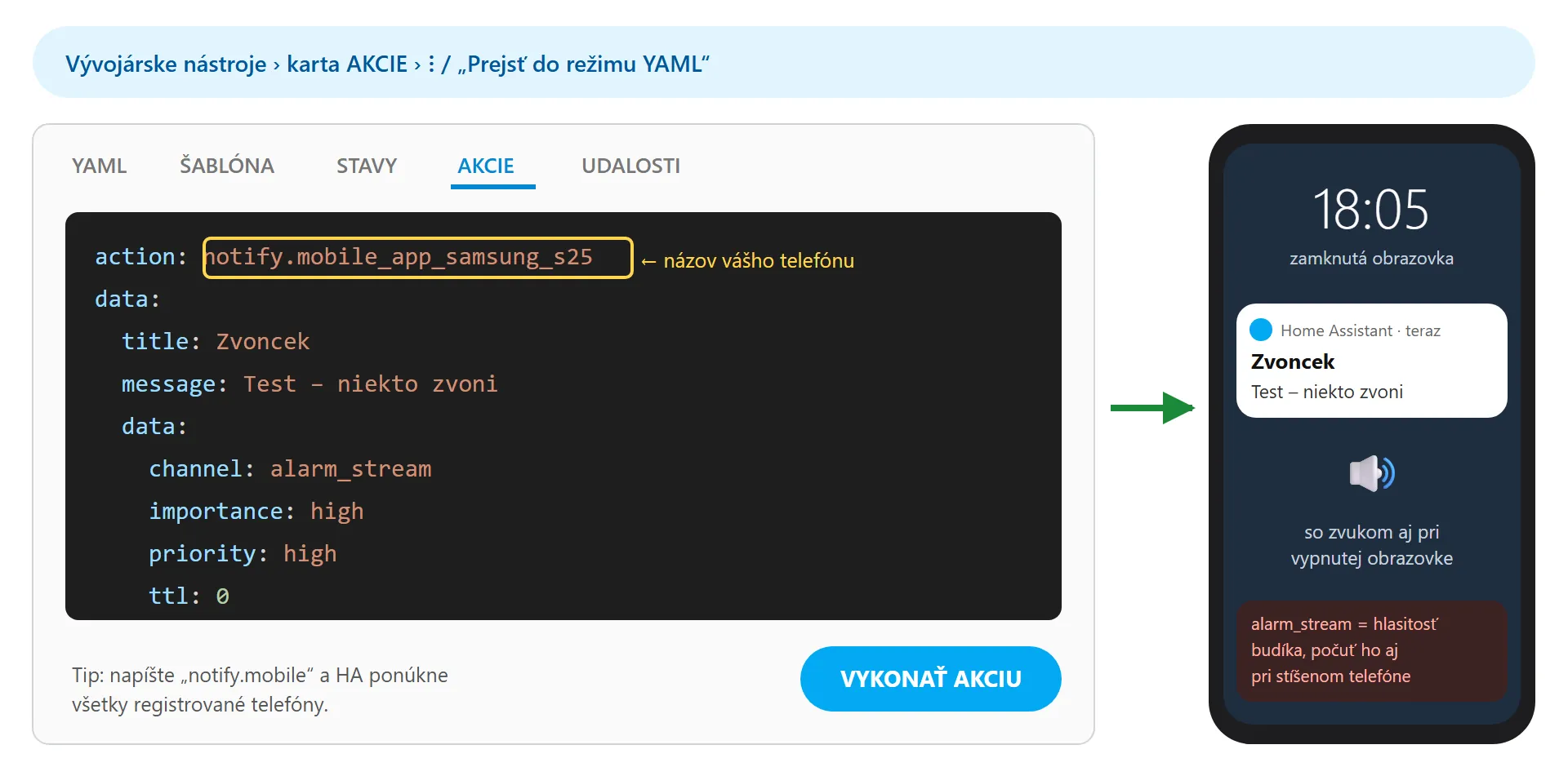 Home Assistant – test notifikácie na Samsung
