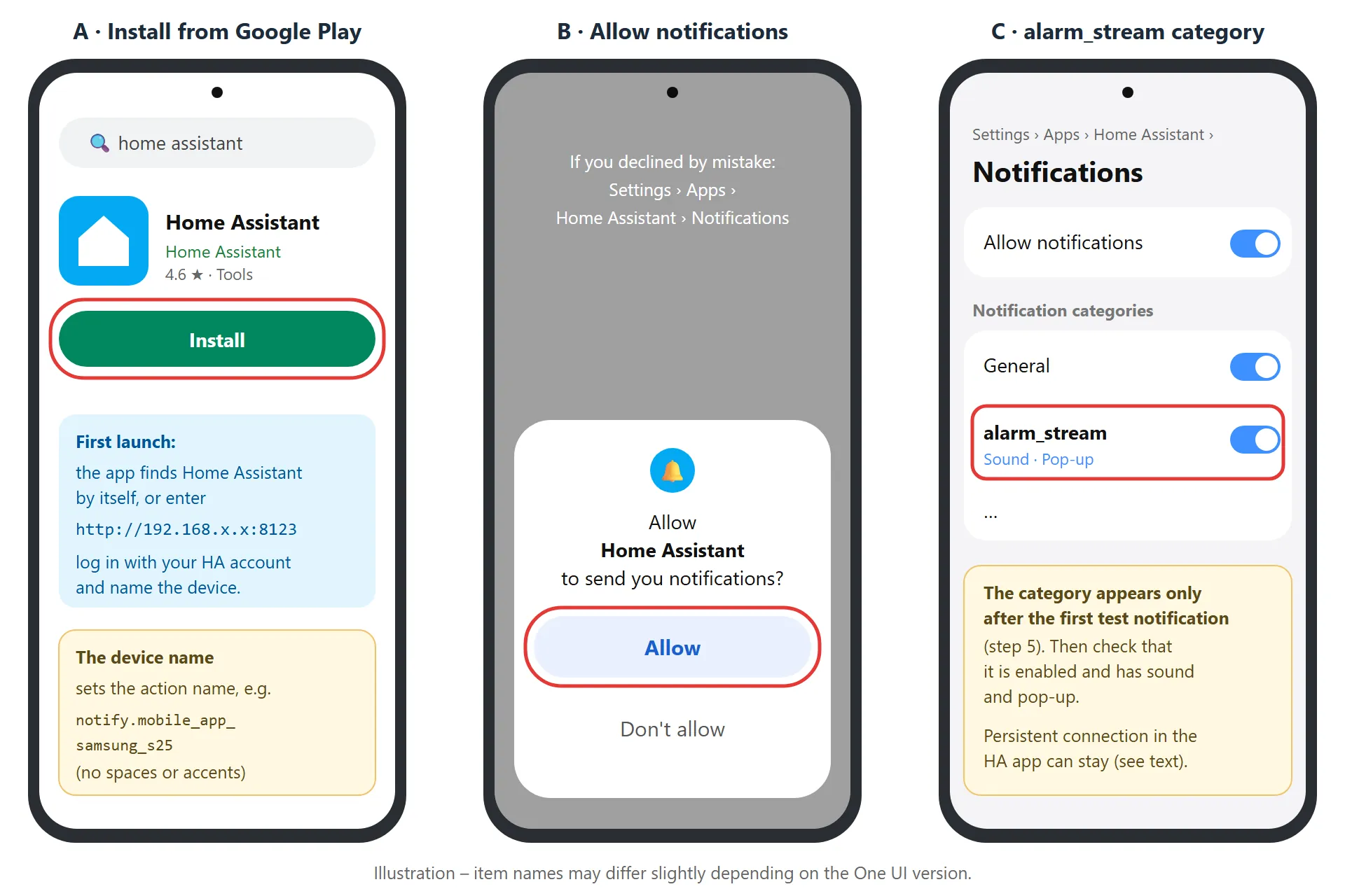 Samsung – installing the Home Assistant app and allowing notifications