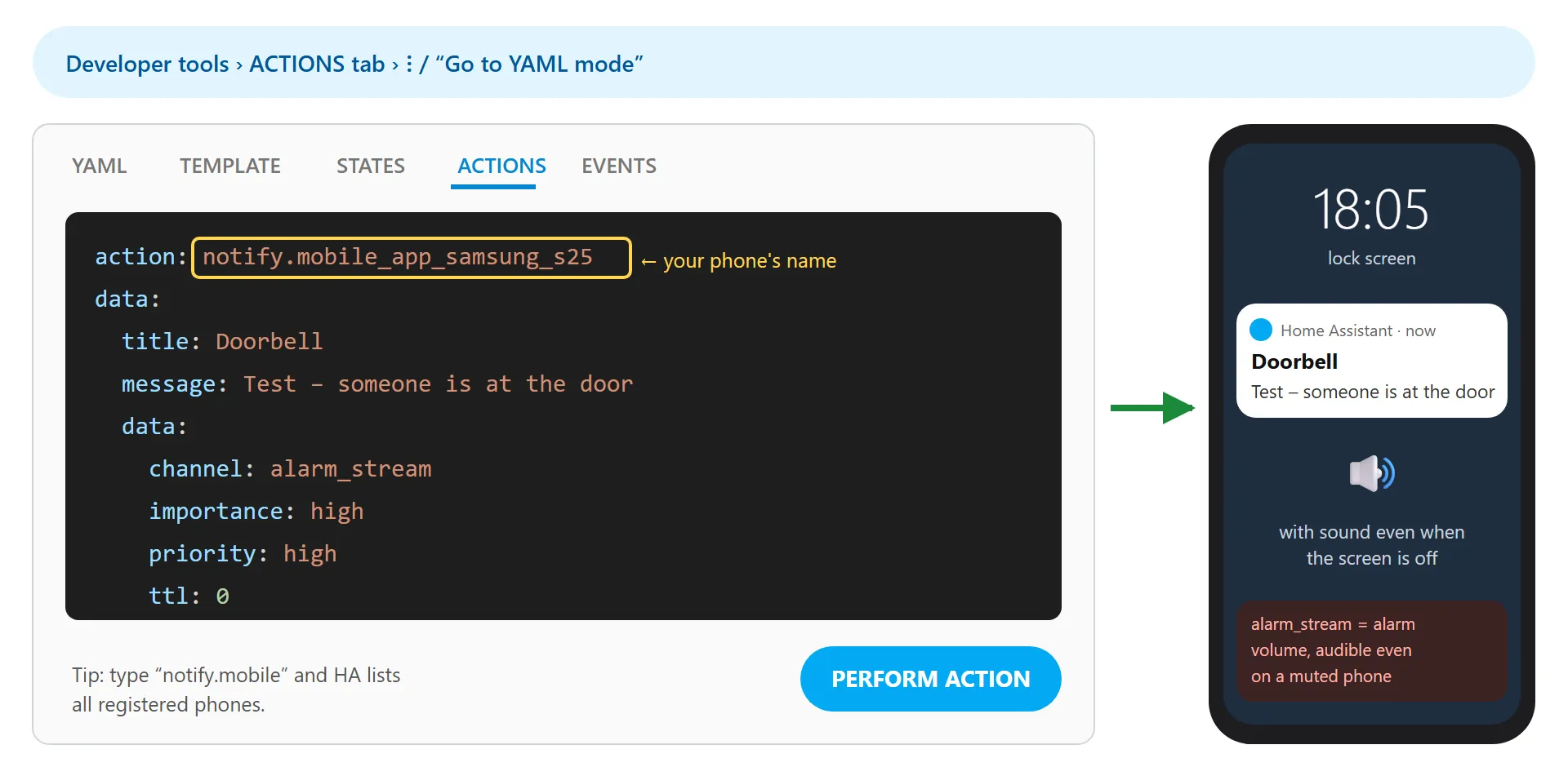 Home Assistant – notification test on Samsung