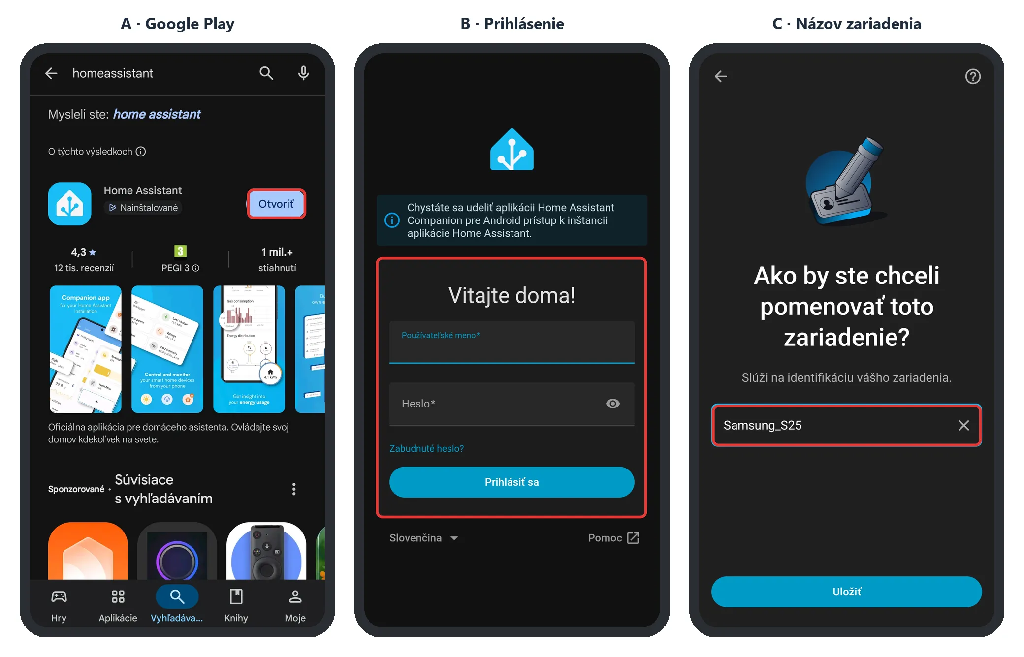 Samsung – Google Play, prihlásenie a názov zariadenia (snímky obrazovky)