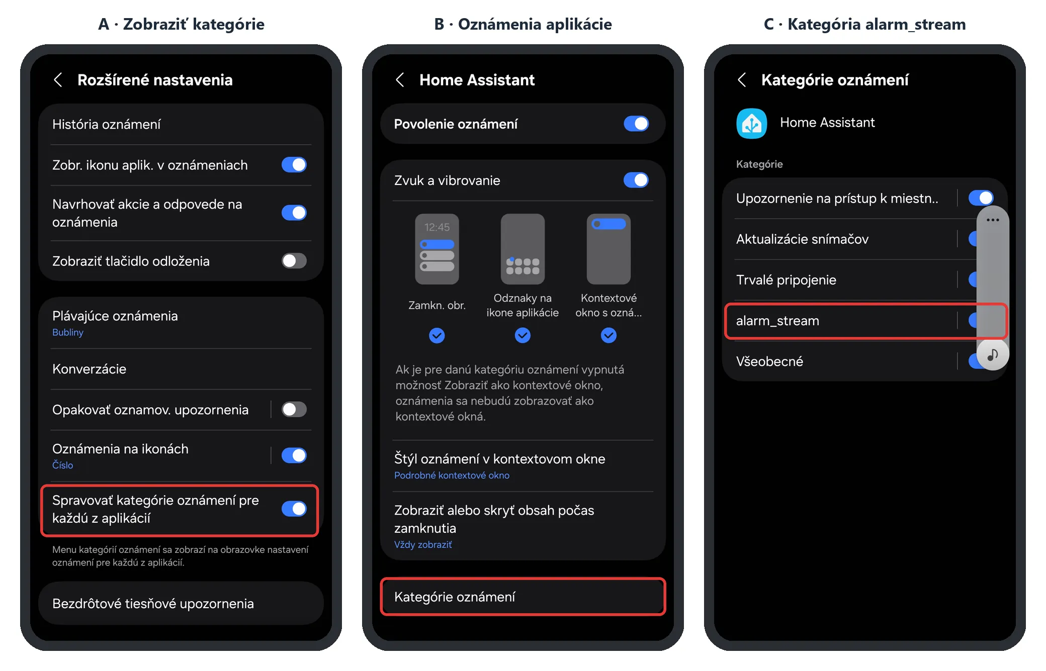 Samsung – zobrazenie kategórií oznámení a kategória alarm_stream (snímky obrazovky)