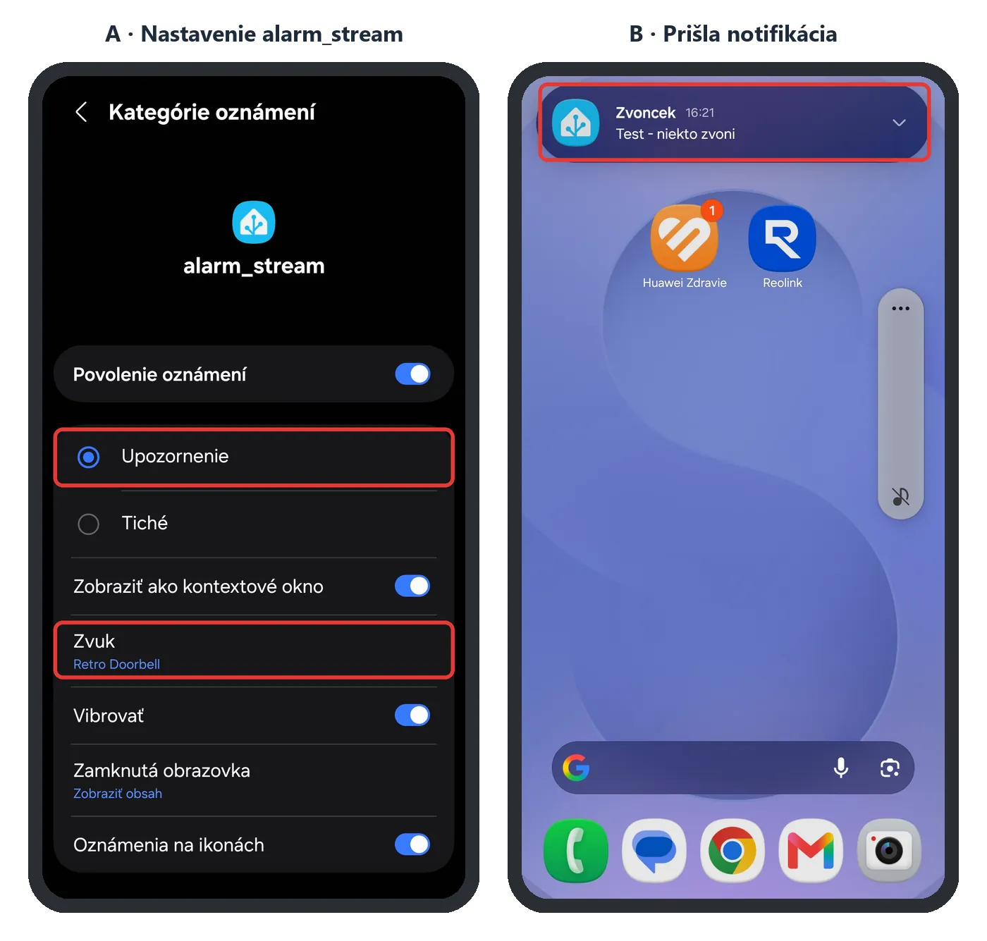Samsung – nastavenie kategórie alarm_stream a prijatá notifikácia (snímky obrazovky)