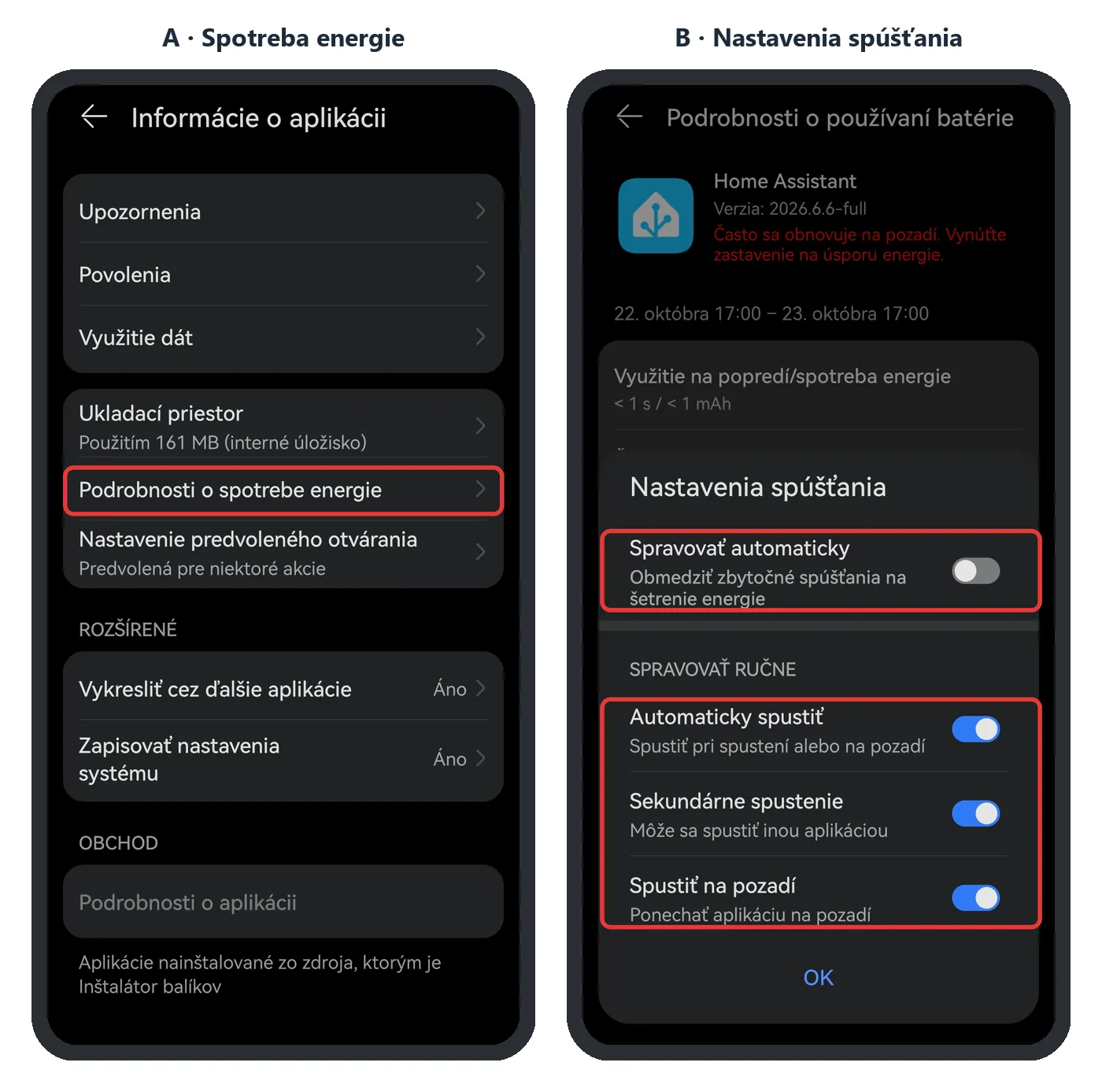 Huawei – podrobnosti o spotrebe energie a nastavenia spúšťania (snímky obrazovky)
