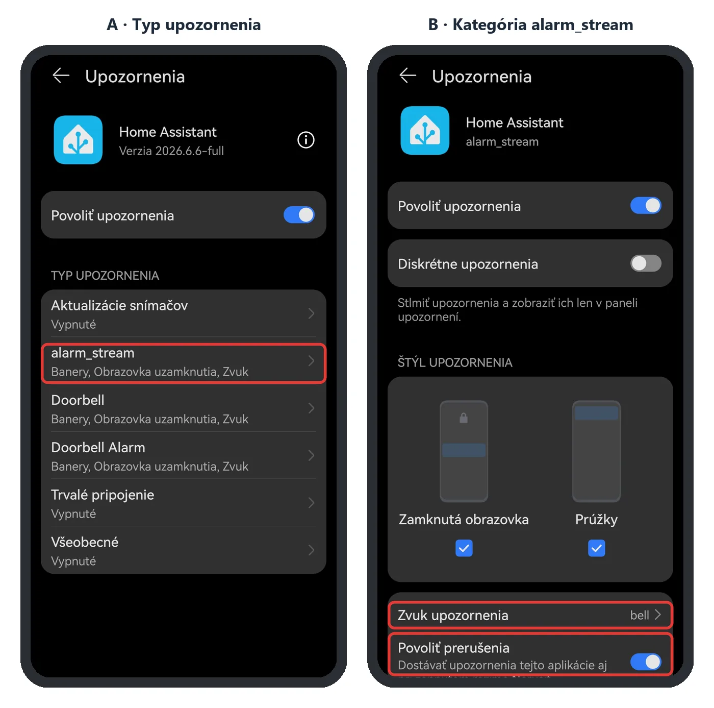 Huawei – typ upozornenia alarm_stream so zvukom a povolenými prerušeniami (snímky obrazovky)